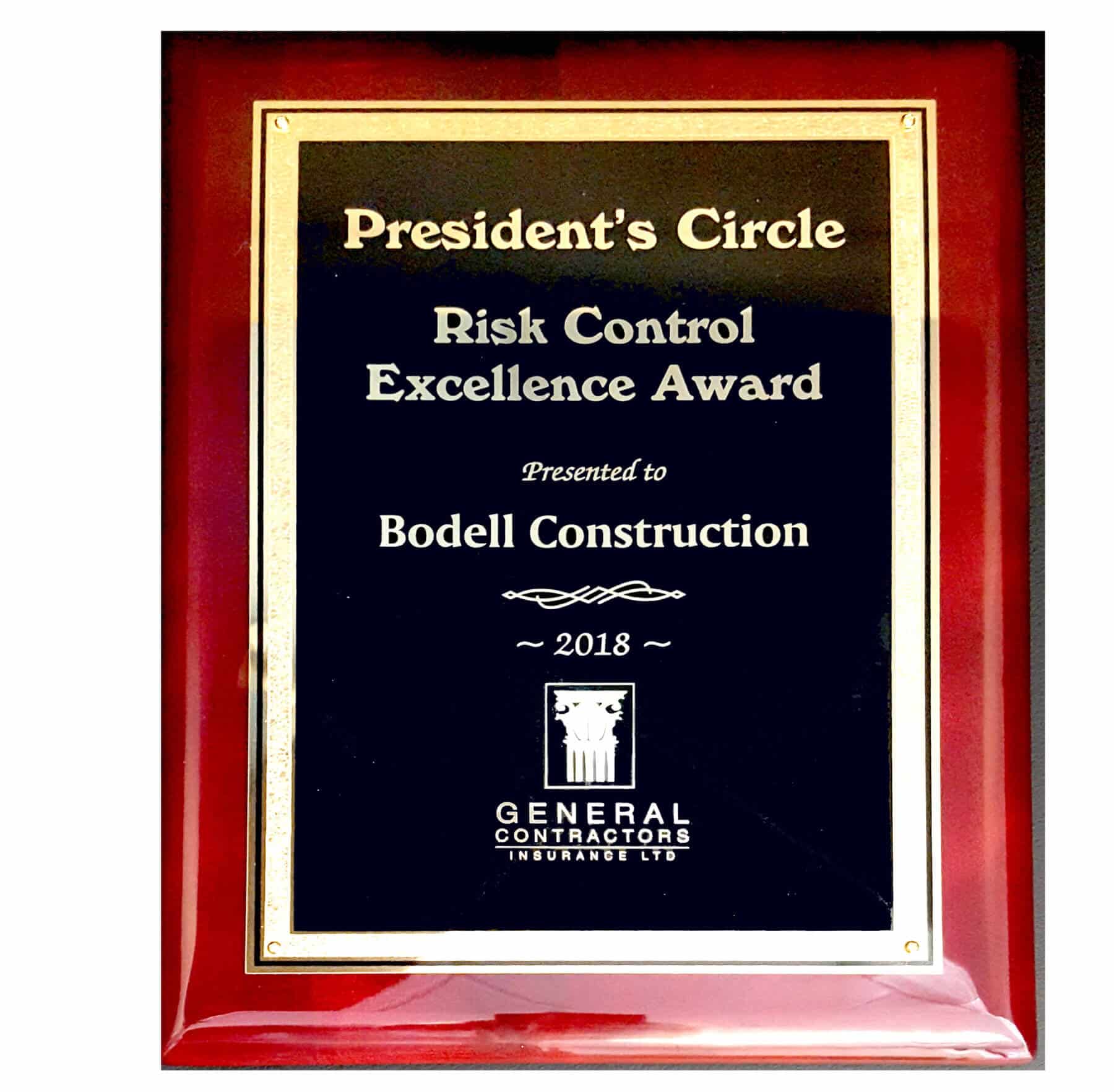 Bodell Construction recognized with Risk Control Excellence Award for 2018.